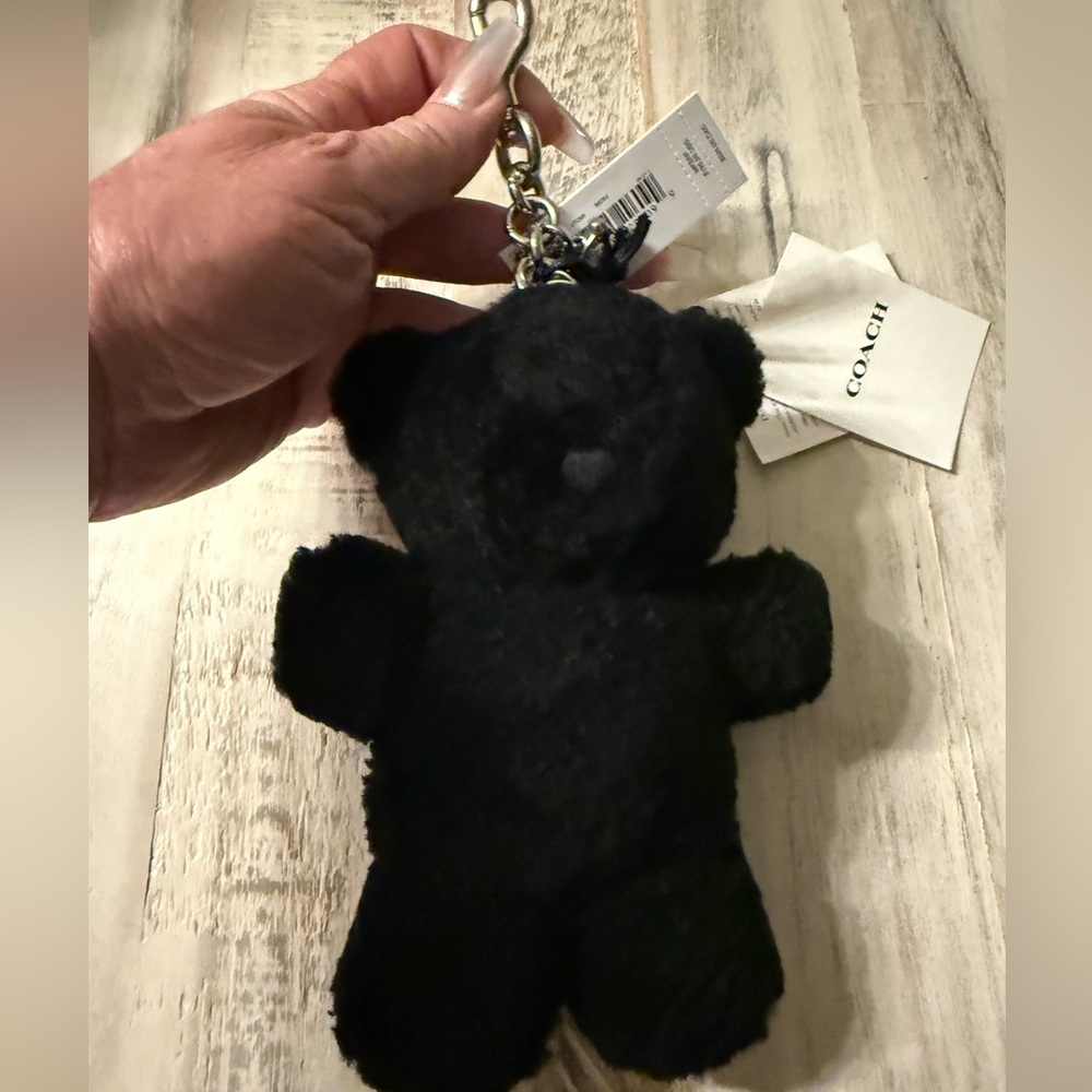 Coach Black Shearling Teddy Bear Bag Charm Keyring with Silver Hardware NWT